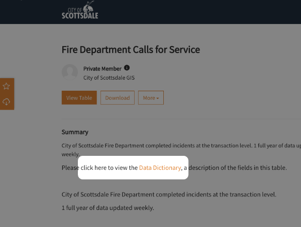Dataset summary on the ArcGIS platform with the link to an external data dictionary highlighted.