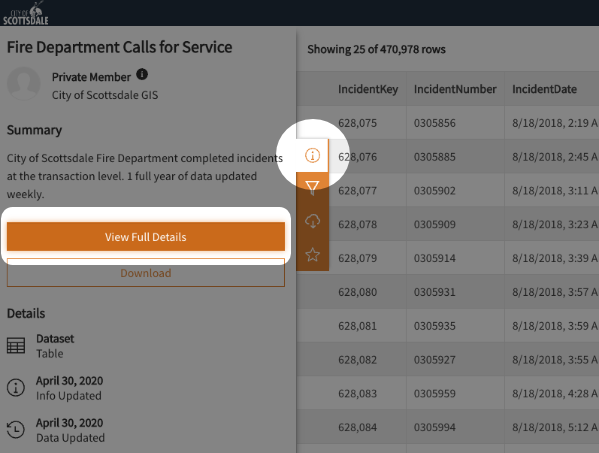 A dataset on the ArcGIS platform where the 'view full details' button is highlighted.